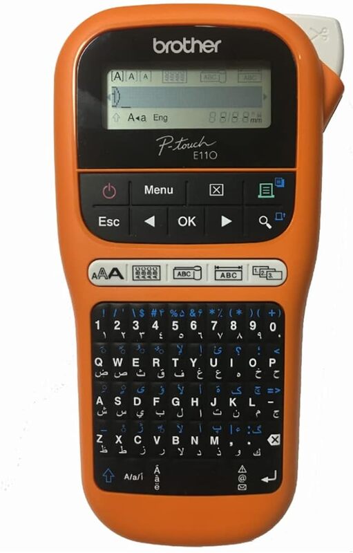 BROTHER PT E110VP طابعة ملصقات محمولة للكهربائيين وتركيبات الشبكات، لوحة مفاتيح باللغة الإنجليزية والعربية الفارسية، ملصق يصل إلى 12 مم، برتقالي صغير